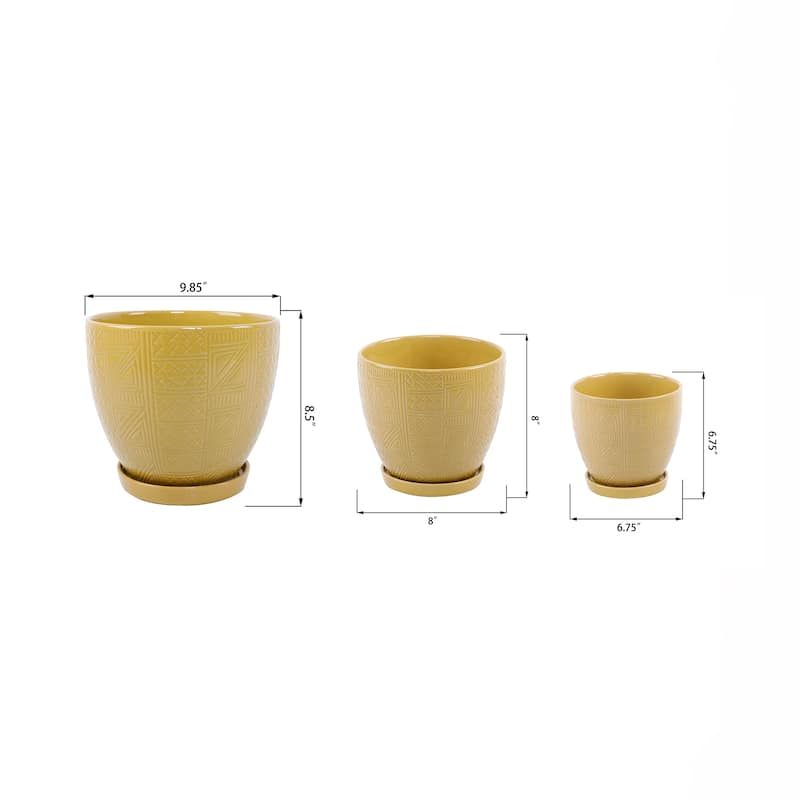 10",8",6.75" Gl Mustard Hiero Ceramic Pot On Saucer Set Of 3