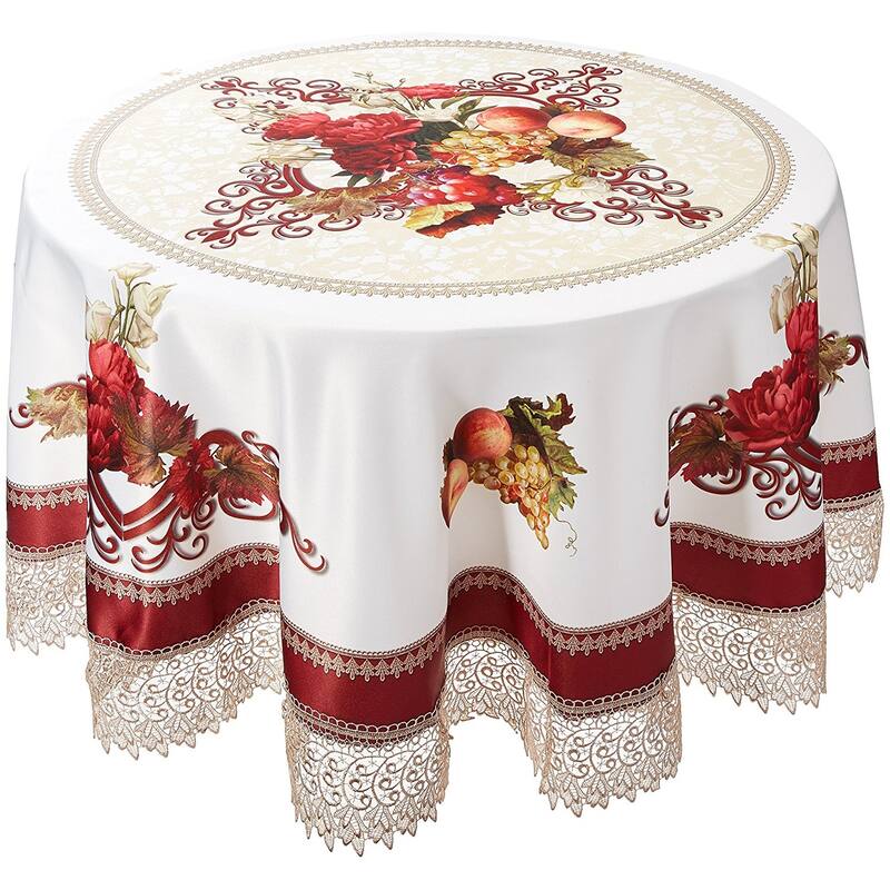 Violet Linen Fruttela Decorative Printed With Lace Trimming Pattern Tablecloth - 70" Round - Burgundy