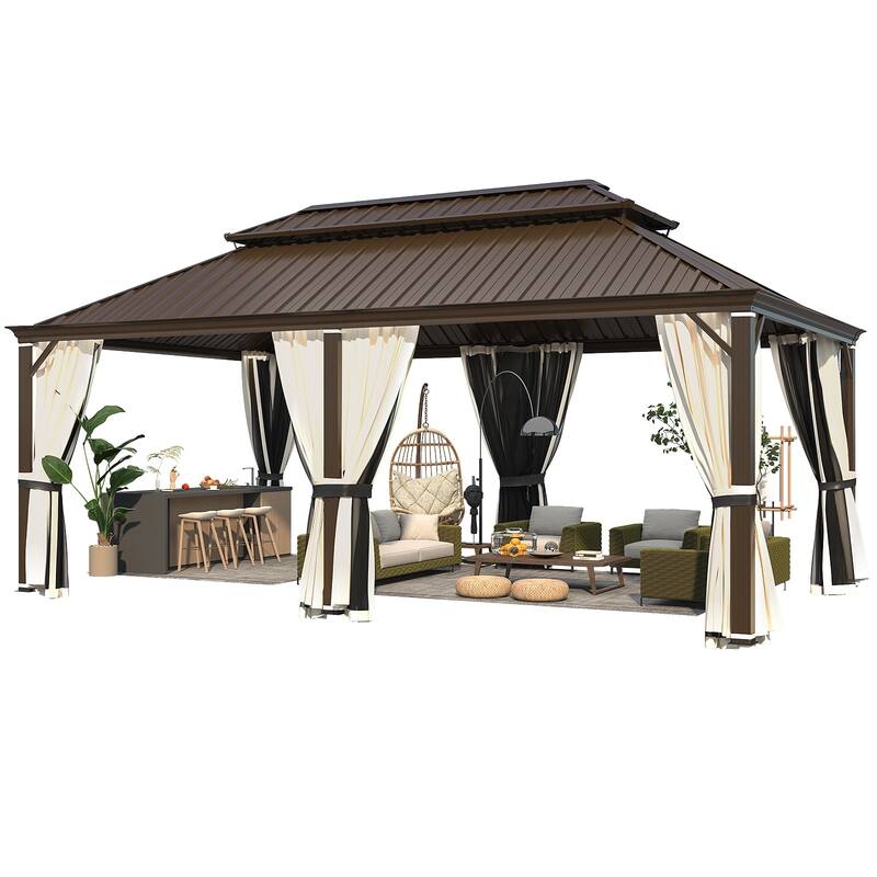 EROMMY Hardtop Patio Gazebo with Double Roof and Privacy Curtains, 12x16 FT Permanent Outdoor Metal Gazebo for Backyard, Deck