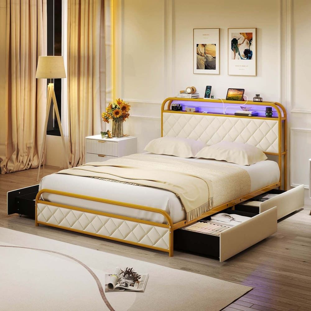 Costway Twin/Full/Queen Size Bed Frame with LED Lights & Charging