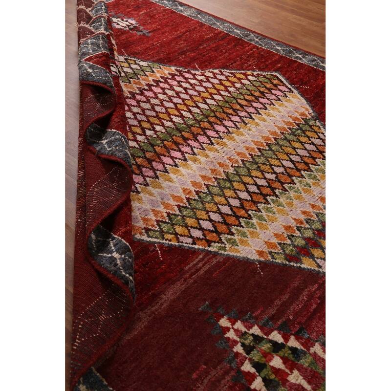 Hand Knotted Oriental 100% Wool Carpet Modern Tribal Red Moroccan Area Rug - 9' 8'' X 6' 11''