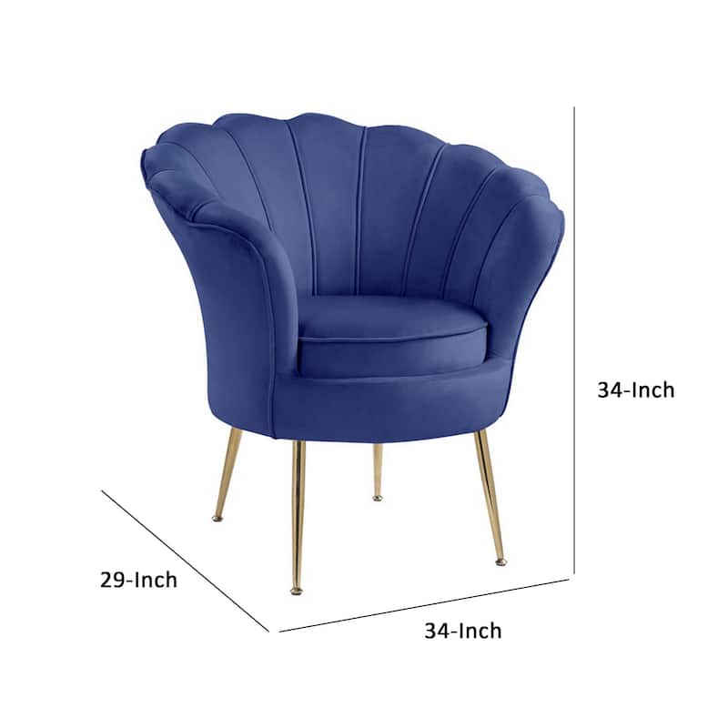 Lotus 34 Inch Barrel Accent Chair with Scalloped Back, Padded, Blue Velvet