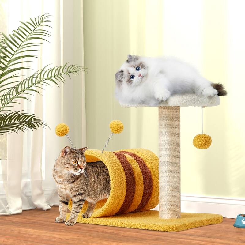 EROMMY 14.6 in Flower Cat Tree with Well-padded Perch, Cat Tower with Sisal Scratching Posts and Interactive Toys, Yellow