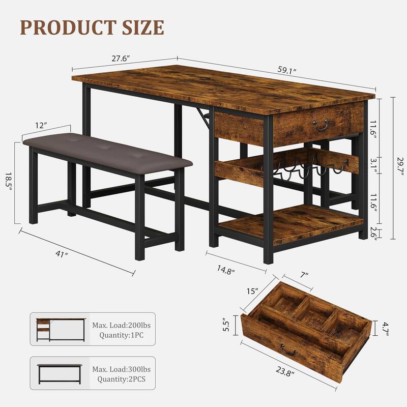 3 Piece Dining Table with Upholstered Benches, Storage Drawer