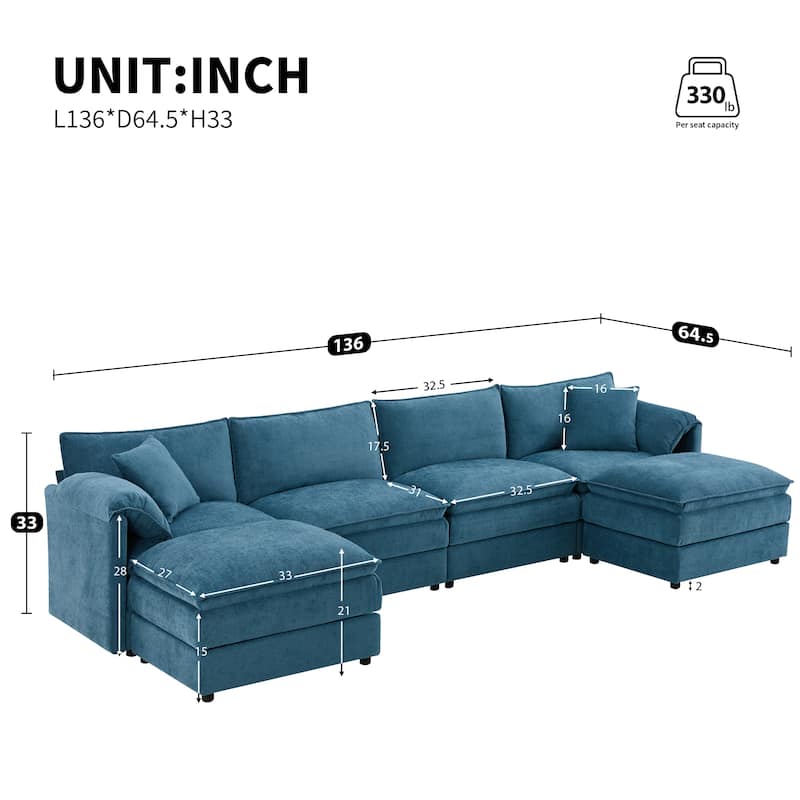 136" U-Shaped Chenille Sectional Sofa with 6-Seat Cloud Couch and Dual Ottomans & Pocket Springs (330lb Capacity)