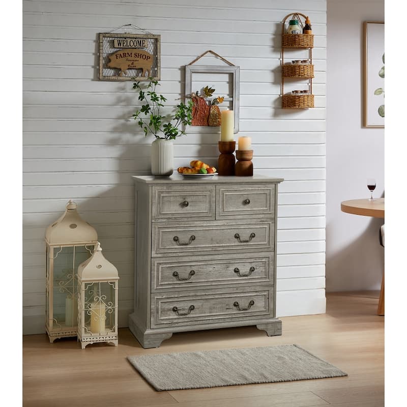 5 Drawer Tall Dressers, Large Storage Dressers Organizer, Decorative Cabinet with Roman Column Handle and Bracket Feet - Ancient Oak