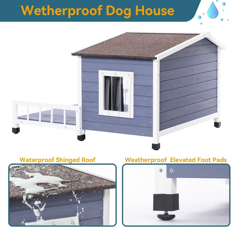 Large Wooden Dog Room Dog Kennel Indoor Outdoor with Raised Floor Windows and Door Curtains Dog House