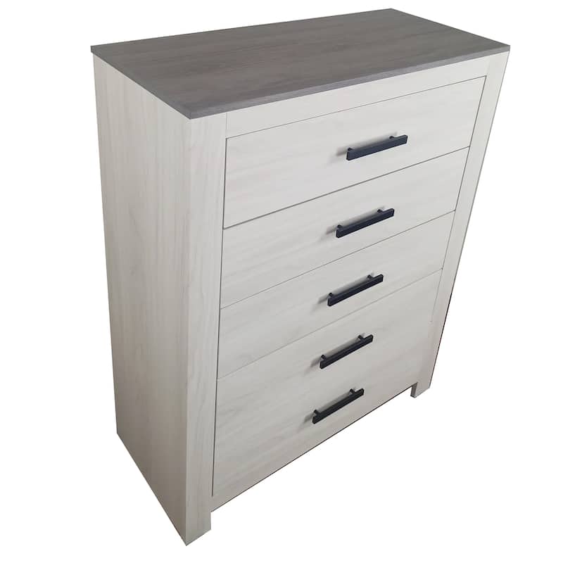 Kopa 45 Inch Tall Dresser Chest, 5 Drawers, Black Handles, White Wood