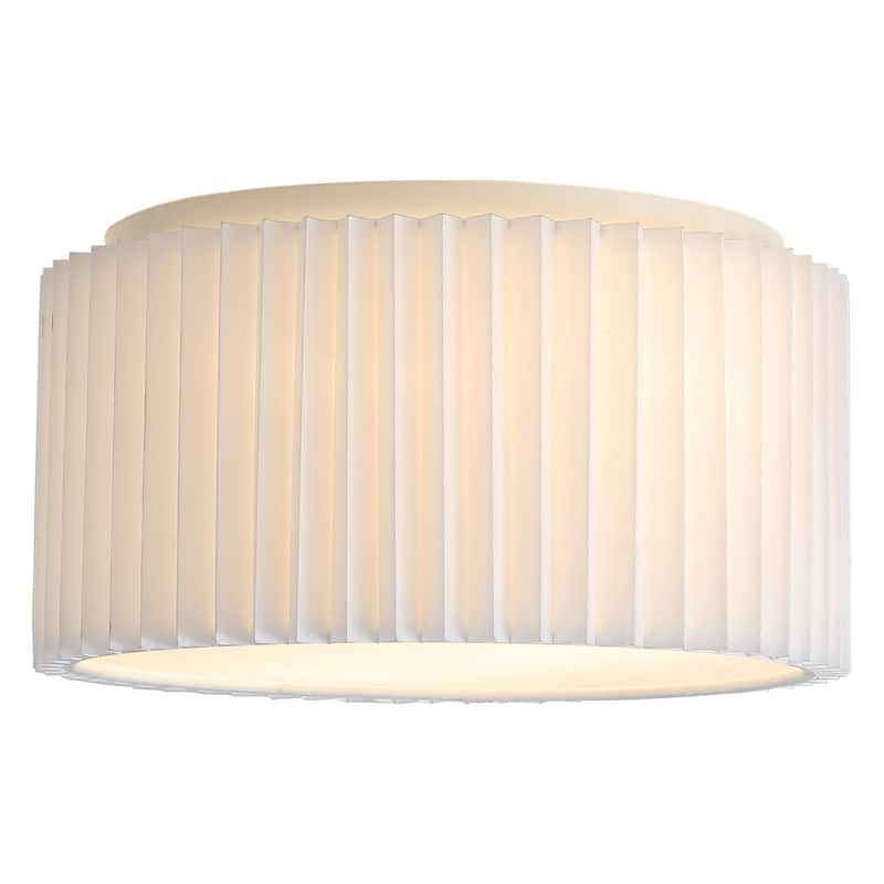 2-Light Modern Fabric Flush Mount Ceiling Light with Pleated Drum Shade - White