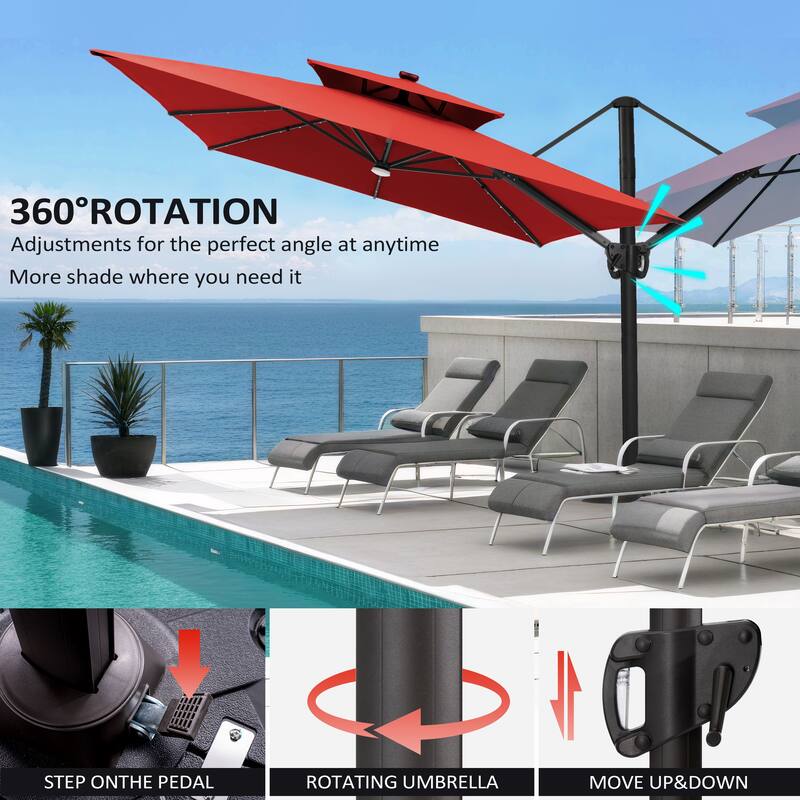 9 X 11 FT Outdoor Patio Cantilever Umbrella with Solar Lights All-Weather Wheeled Base Double Canopy 360 Rotation Tilt