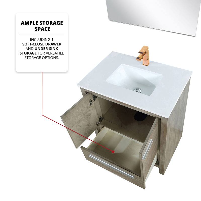 Lafarre Bath Vanity with Cultured Marble Top, Sink, Mirror and Rose Gold Faucet