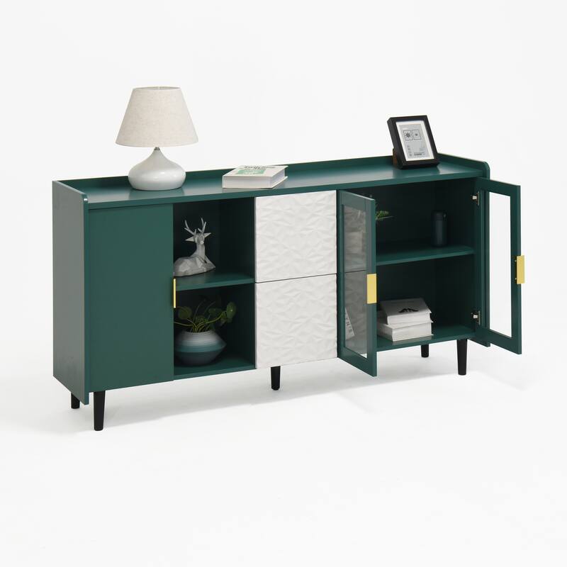 Kitchen Storage Cabinet Coffee Bar Cabinet Green Sideboard wGlass Doors, 2 Drawers Buffet Table TV Console Table Display Cabinet