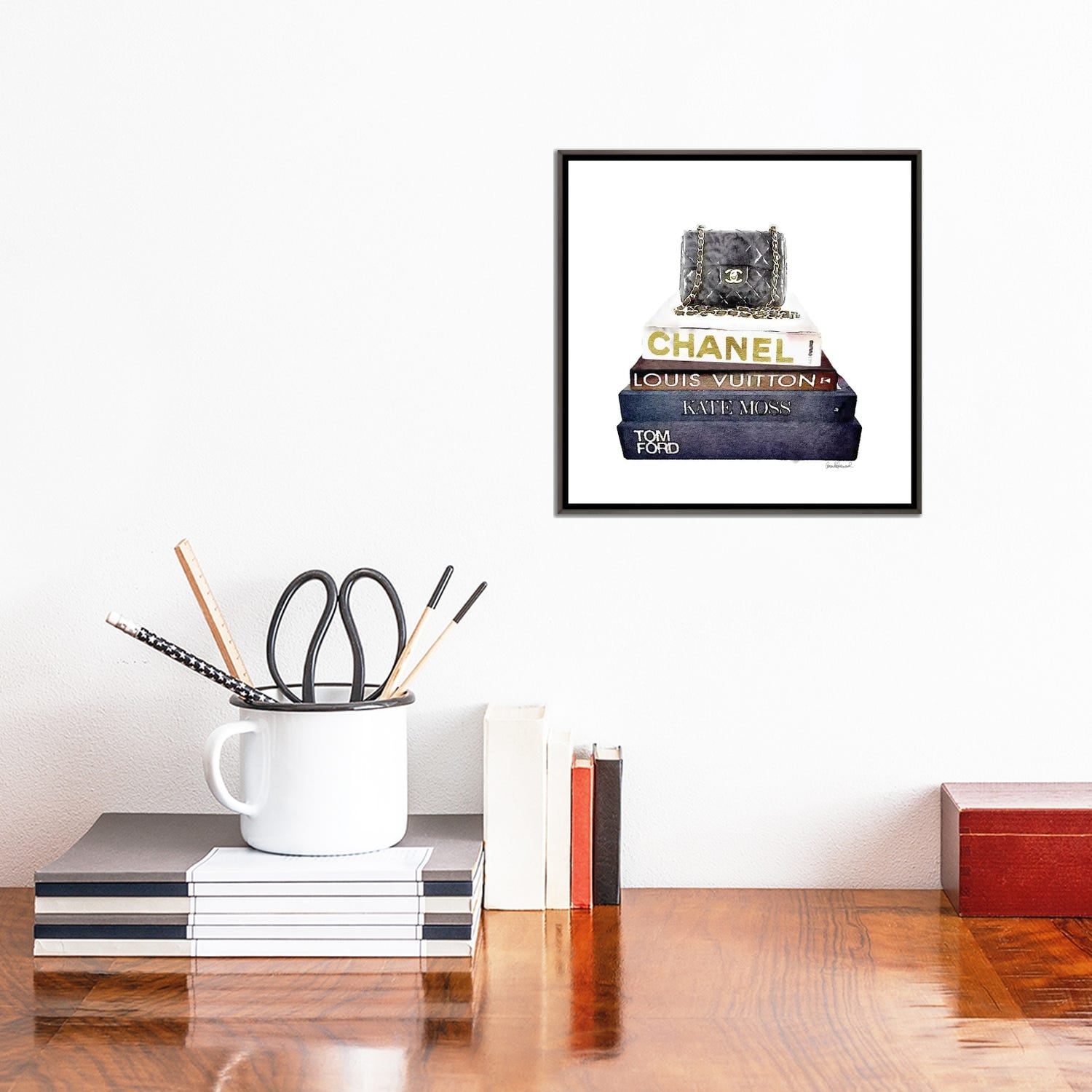 Framed Poster Prints - Stack of Fashion Books with A Chanel Bag by Amanda Greenwood ( Fashion > Fashion Brands > Chanel art) - 24x24x1
