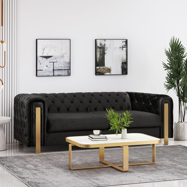 slide 2 of 12, Keyser Modern Glam Tufted Velvet 3 Seater Sofa by Christopher Knight Home - 83.75" L x 34.50" W x 27.25" H Black + Gold