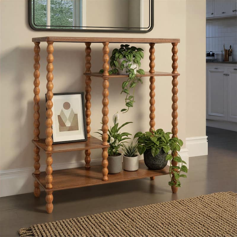 4-Tier Asymmetrical Wood Spindle-Leg Display Shelf Unit - 35.0"L x 13.38"W x 39.63"H - Walnut Brown