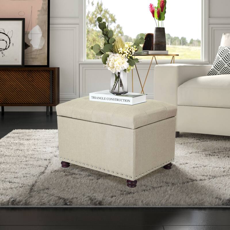 Adeco Classy Rectangle Storage Bench Natural Fabric Footstool Ottoman