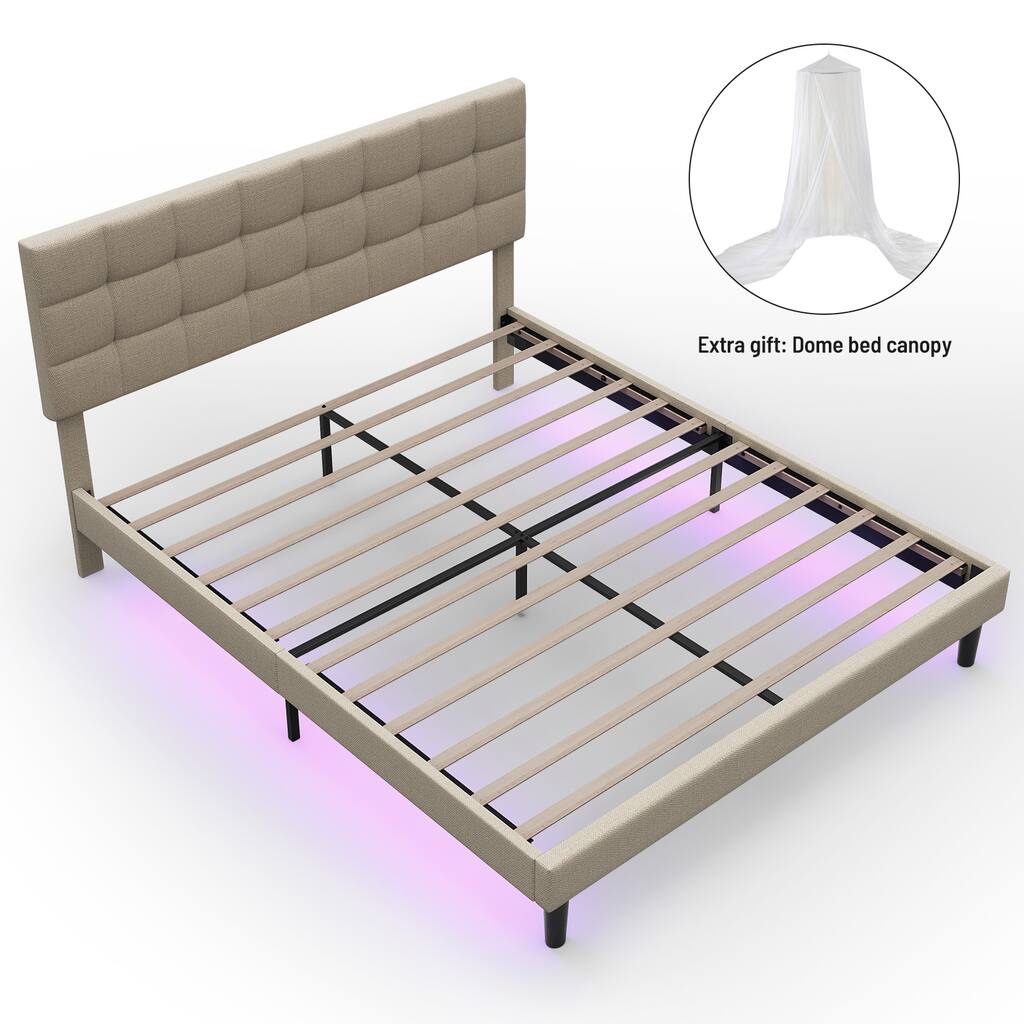 Upholstered Platform Bed with Lights ,Adjustable Headboard