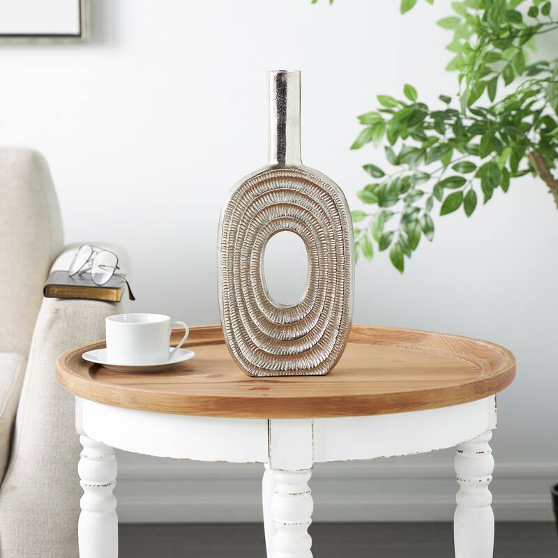 Silver Aluminum Metal Circular Geometric Vase with Linear Etchings - Silver - 7"W, 16"H