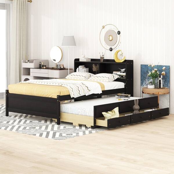 slide 2 of 11, Superior Quality Captain Bed with Type-C USB Ports, Wood Platform Full Bed Frame with LED Light Headboard & Trundle, Espresso Espresso - Full