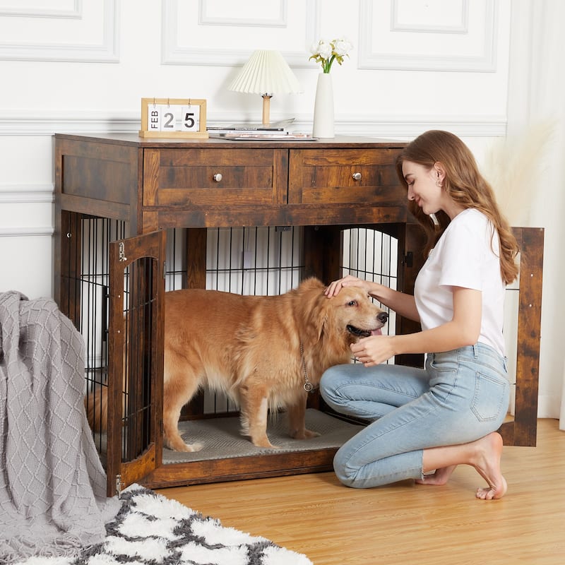 Dog Crate Furniture with Cushion & 2 Drawers