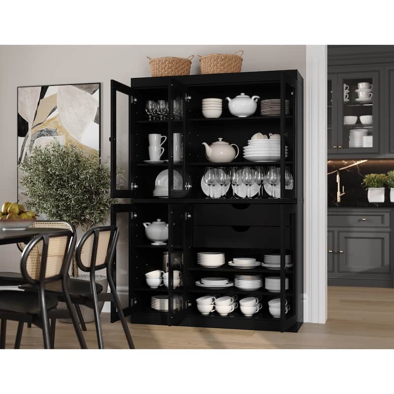 Palace Imports 100% Solid Wood 48.5" Pantry China Cabinet with Clear Glass Doors, 2-Drawers and Adjustable Shelves - Black