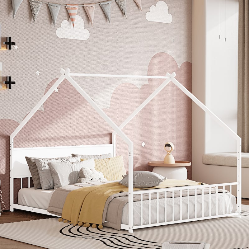 Full Size Canopy House Bed with LED Lights, Sturdy Metal Frame & Slats for Kids & Teens, No Box Spring Needed (White)