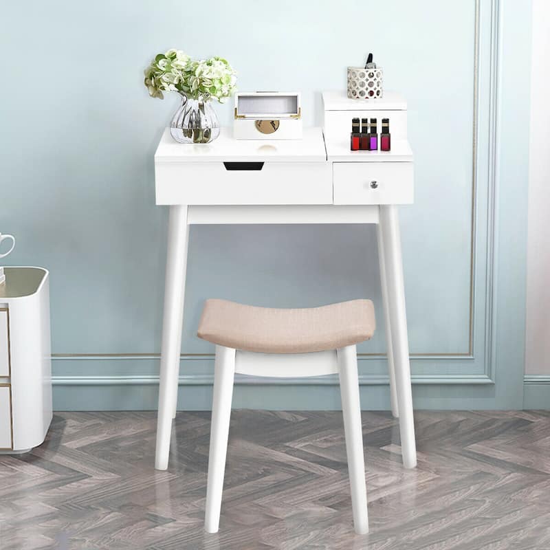 Costway Vanity Dressing Table Flip Desk Furniture Stool 2 White