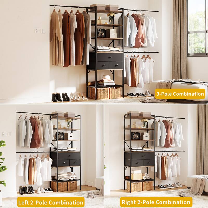 Moasis 5-Tier Wood Clothes Rack Expandable Hanger Rods with 3 Drawer