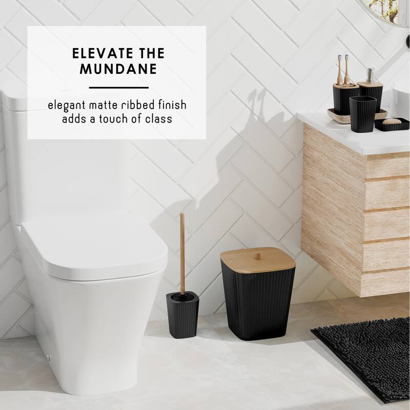 Empyrean Bamboo Bathroom Accessories Set with Shower Curtain Set, Toilet Brush, Trash Can & Soap Dispenser
