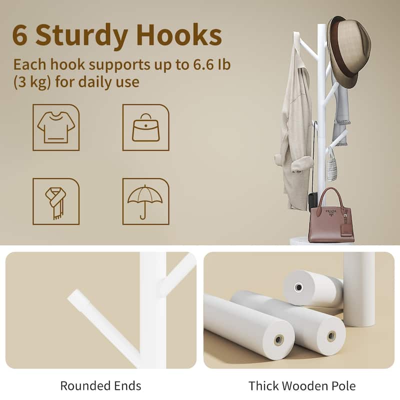 VECELO Modern Freestanding Coat Rack with 6 Branch Hooks Double Shelves, and Shoe Storage for Entryway Living Room Bedroom.