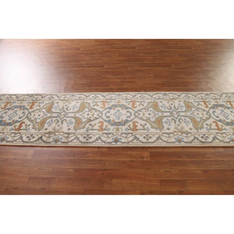 Beige Floral Oushak Runner Rug Hand-knotted Wool Carpet - 2'6"x 9'10"