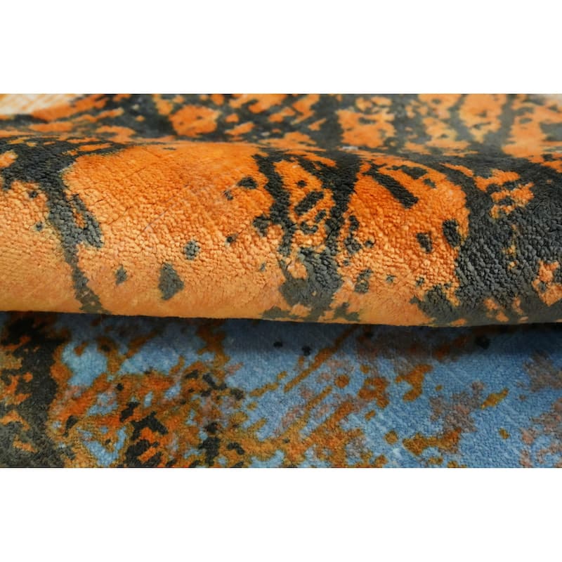 Hand Knotted Oriental Viscose Silk Carpet Modern Pictorial Oranges & Rust Abstract Area Rug - 7' 8'' X 5' 5''