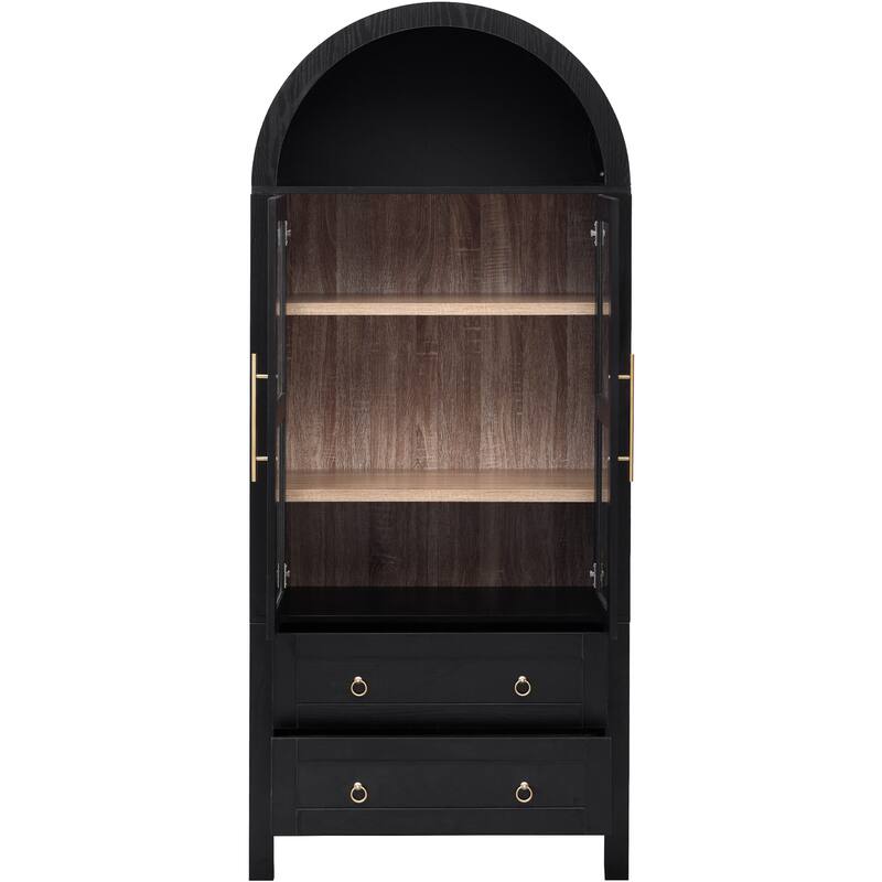 71"Tall Arched Kitchen Pantry Cabinet with 2 Large Drawers, Kitchen Storage Cabinets with Adjustable Shelves, Glass Door