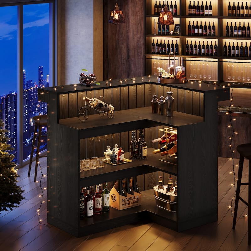Home Bar Unit, Corner Liquor Bar Table with Storage Shelves & Wine Glass Holder, Pub Reception Accent Cabinet Desk
