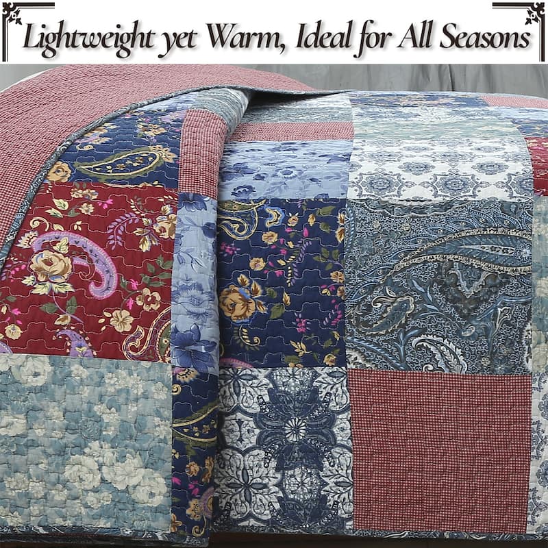 Cozy Line Country Blue Rose Floral Paisley Garden Cotton 3 Piece Patchwork Quilt Bedding Set