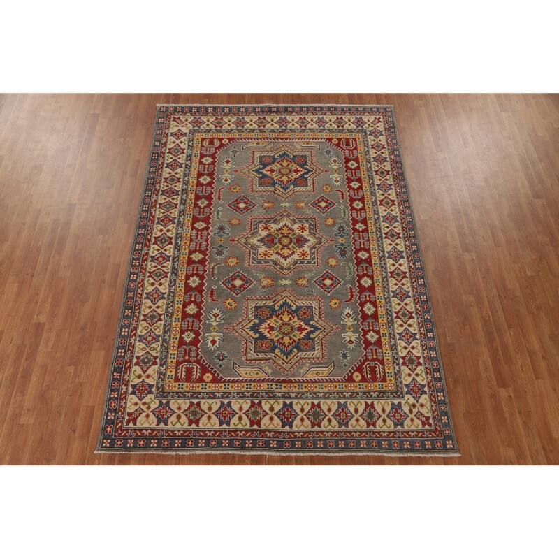 Geometric Kazak Area Rug Hand-Knotted Living Room Wool Carpet - 6'8" x 9'7"