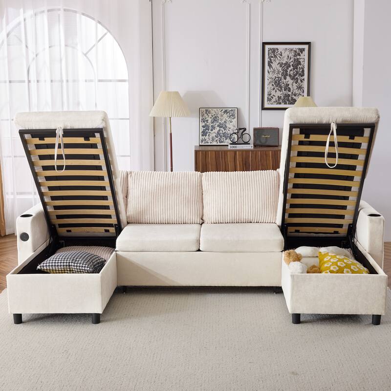 Sectional Sofa Pull-out Sofa Bed with Large Storage Space, 2 USB Ports and 2 Cup Holders Chenille Tufted Couch