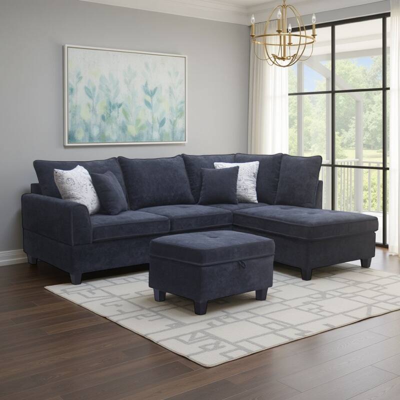 Kyna Sectional Sofa, 4 Pillows, Left Chaise, Storage Ottoman, Black
