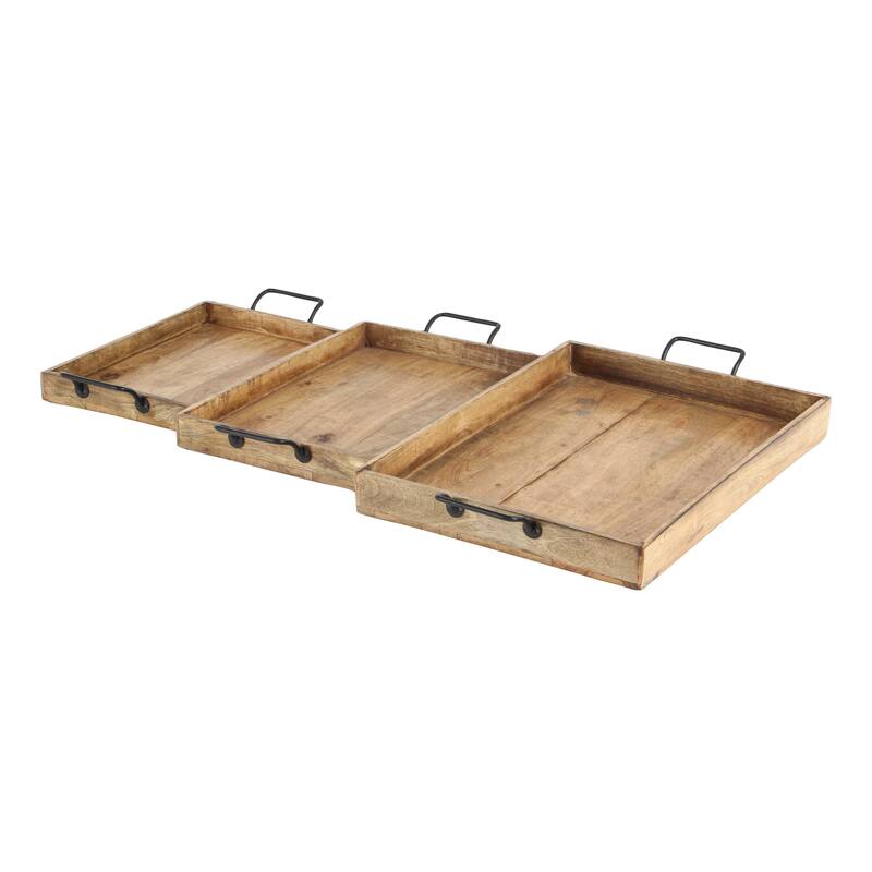 Brown Mango Wood Living Room Decor Tray with Slot Handles (Set of 3)
