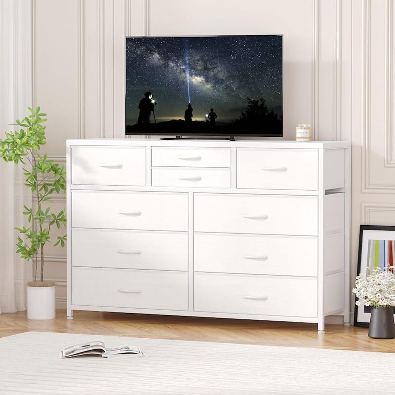 10 Drawer Dresser,TV Stand Entertainment Center Fabric Storage - White