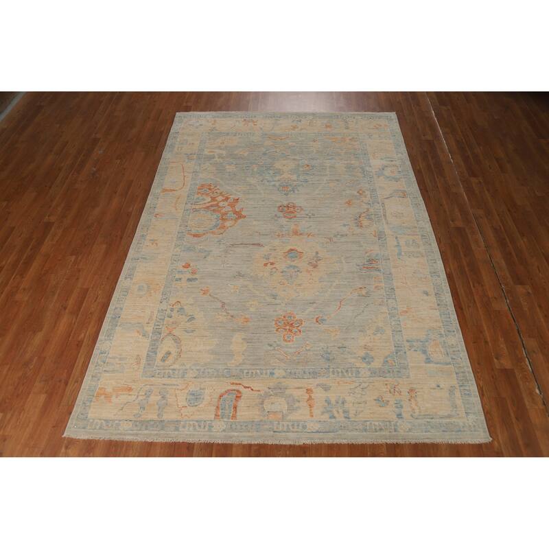 Hand Knotted Oriental 100% Wool Carpet Transitional All-Over Greys & Charcoal Oushak Area Rug - 9' 0'' X 6' 2''