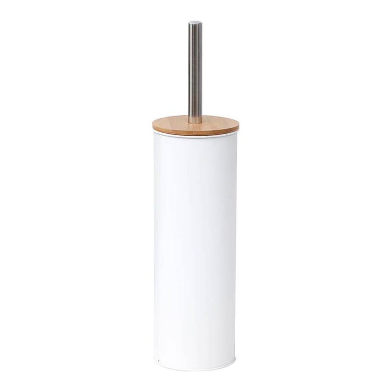 Metal Toilet Brush and Holder Set With Bamboo Lid - White