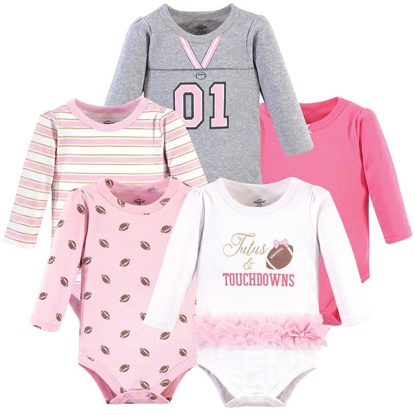 slide 1 of 1, Little Treasure Baby Girl Cotton Long-Sleeve Bodysuits 5pk, Tutus Touchdowns 0-3 Months - Tutus Touchdowns 5-Pack