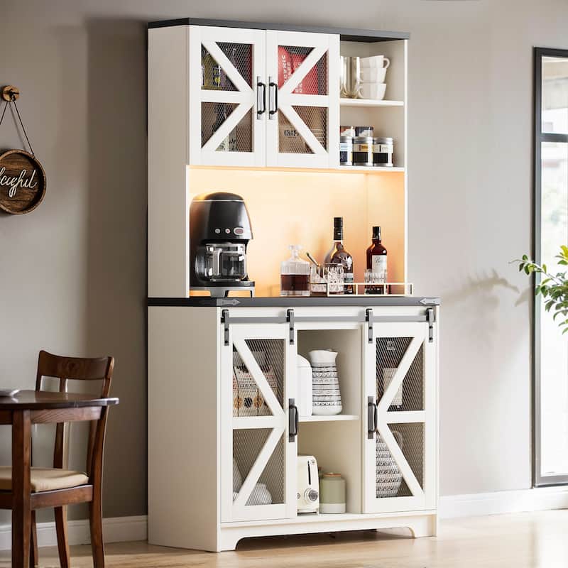 Pocassy 70.87" Kitchen Pantry Cabinet with Led Lights & Power Outlet For Kitchen - White