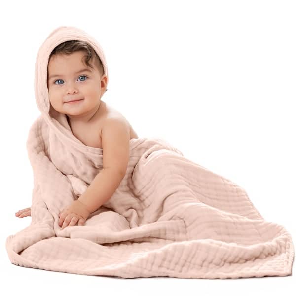 slide 2 of 85, Comfy Cubs Hooded Baby Towels - 6 Layer, 100% Muslin Cotton - Large 32 x 32 Inch Blush - Pack of 1
