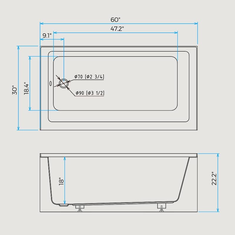 60 Inch Acrylic Rectangular Alcove Soaking Bathtub