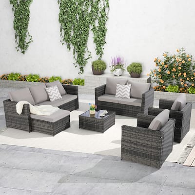 Large Modular Sectional Couch Wicker Rattan Conversation Set All Weather Recliner Couches with Glass Table and Pillows, 6 Piece