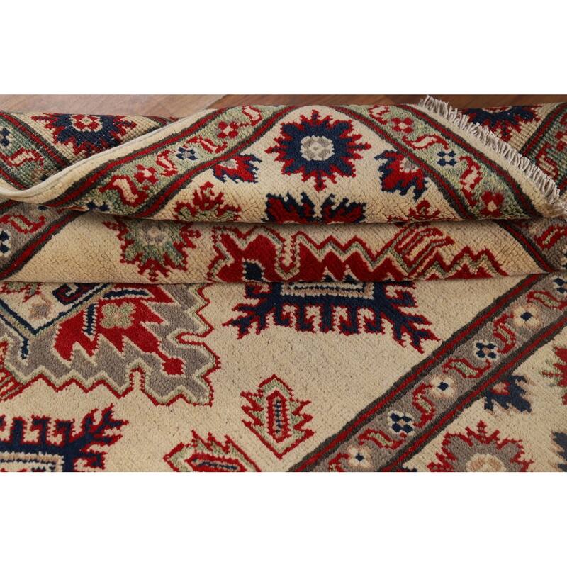 Geometric Ivory Kazak Oriental Accent Rug Handmade Wool Carpet - 3'5" x 4'11"