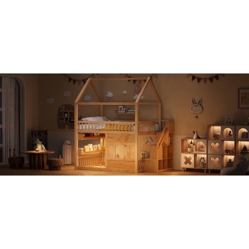 Roomfitters Full Size Wood House Loft Bed with Storage Stairs and Built-in Shelving, Modern Space-Saving Sleep Space