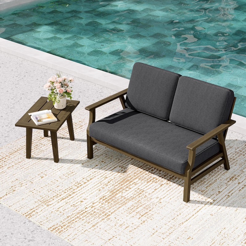 2-Piece Teak Outdoor Loveseat Set with Table. - Brown Wood - Dark Grey/side table
